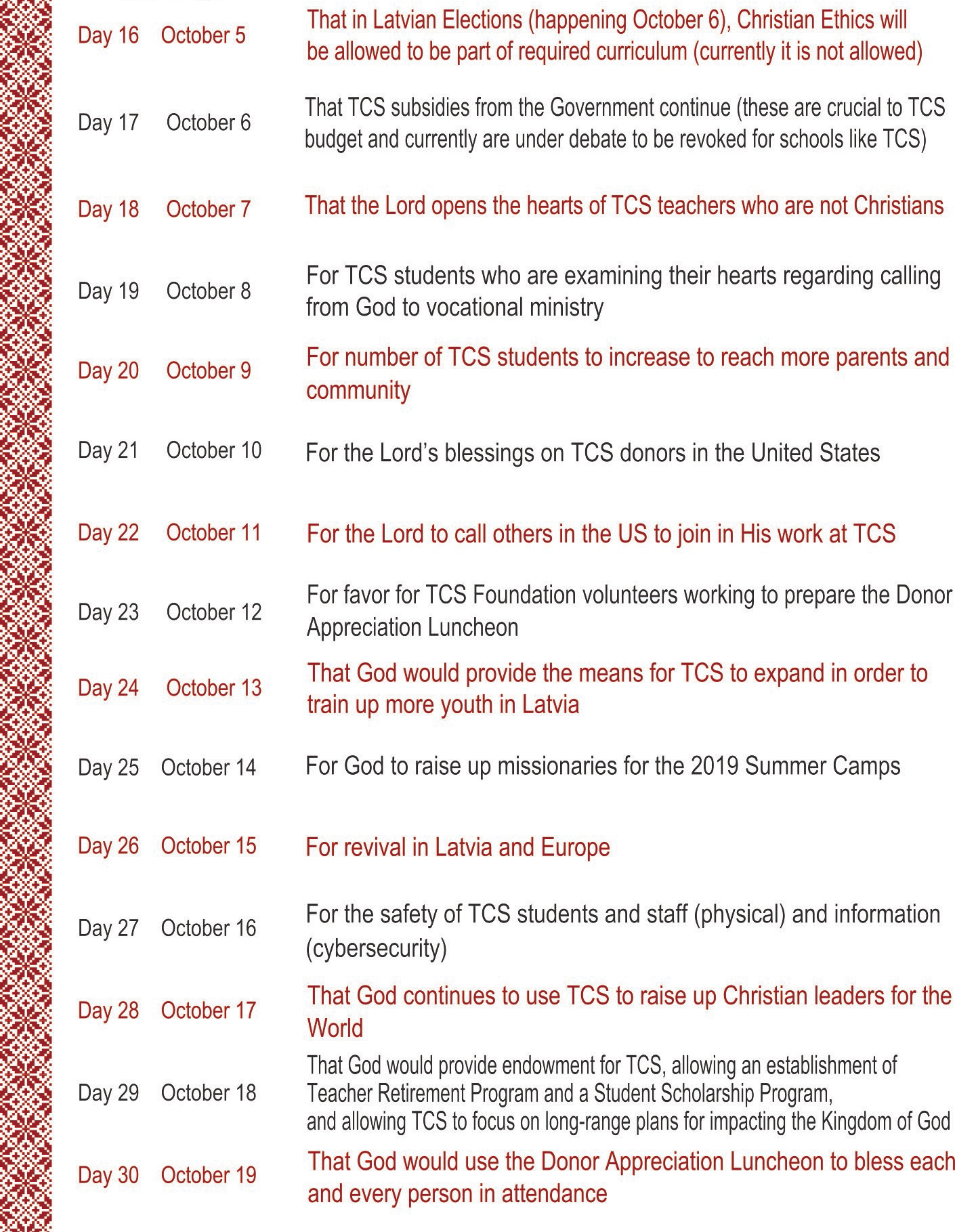 Talsi Christian School Foundation Thirty Days of Prayer
